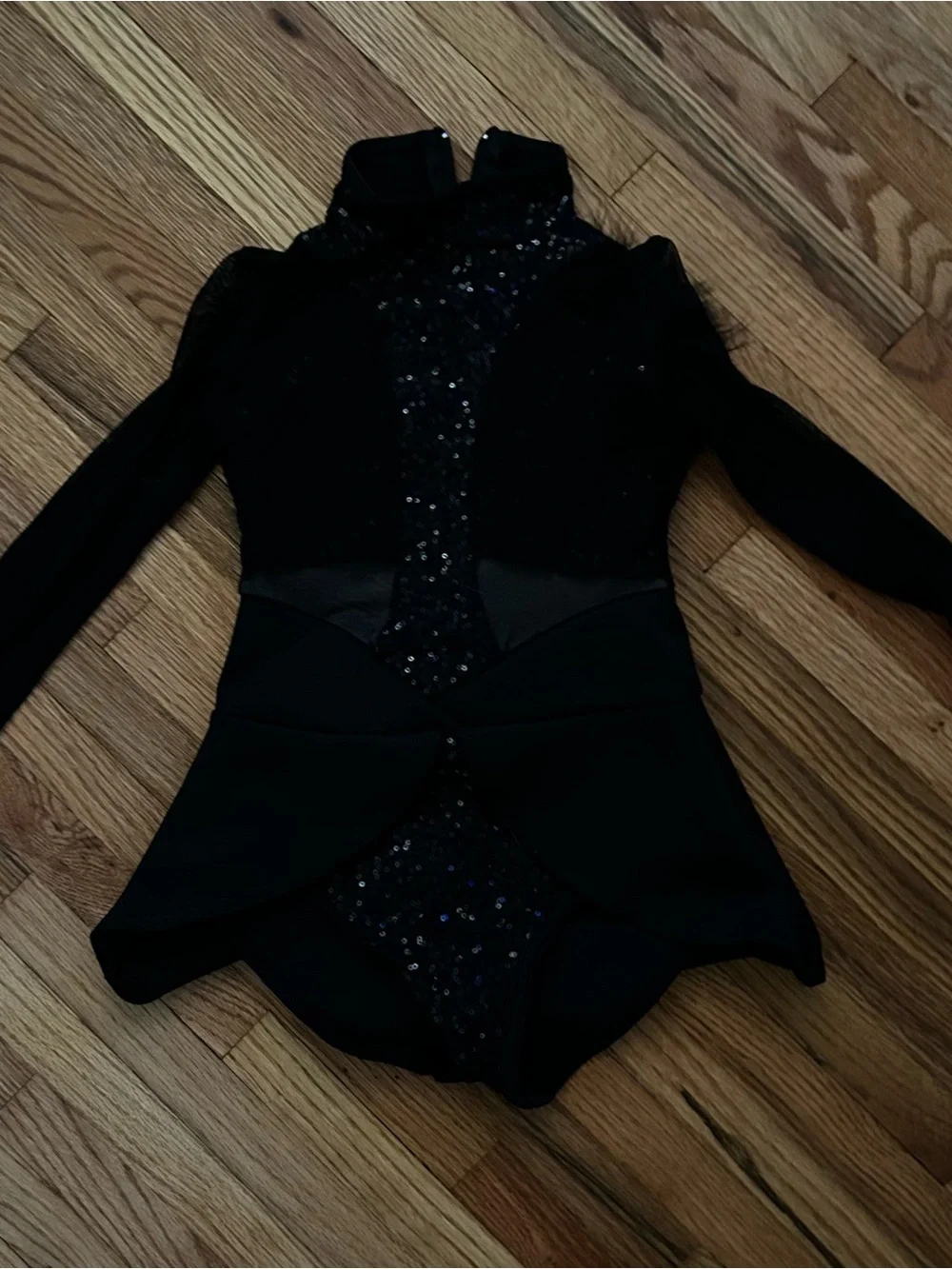 Weissman Black Cat Themed Dance leotard with flared skirt. Sequined front.